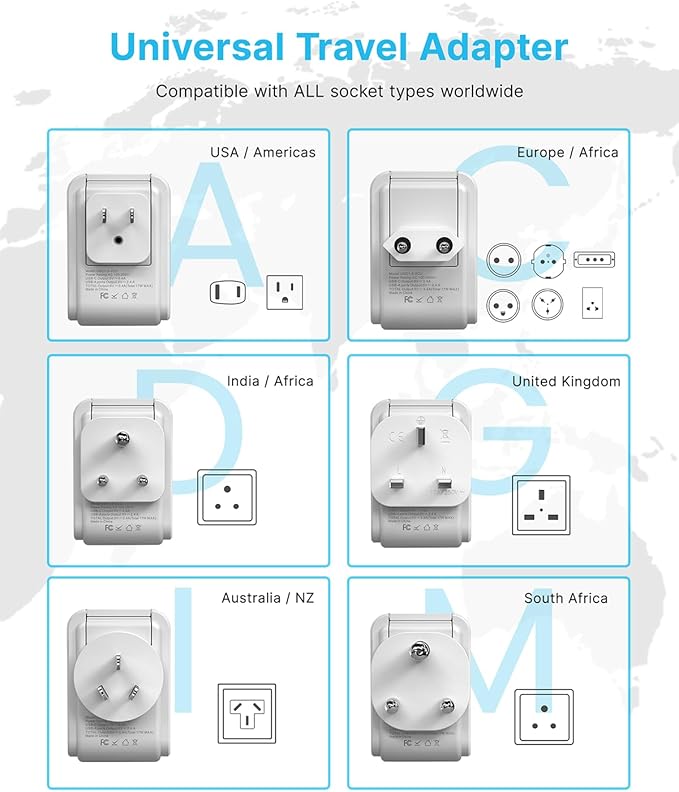 VINTAR Universal Travel Adapter Kit, 5ft Detachable Extension Cord with 2 AC Outlets & 3 USB(2 USB C), Type A/C/G/D/I/M International Power Adaptor for US to Europe UK India South Africa Japan