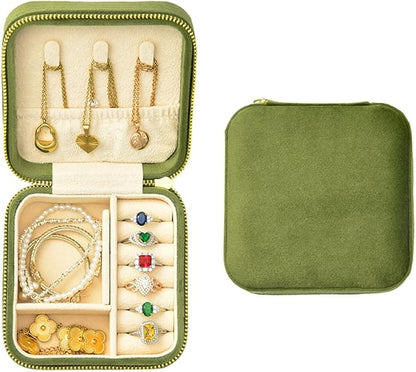 TAIMY Travel Jewelry Case, Small Plush Velvet Jewelry Box for Women and Girls, Portable Jewelry holder organizer for Rings Earrings Necklaces Bracelets(Avocado Green)