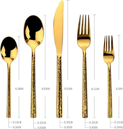 18/10 Stainless Steel Flatware Set Hand Forged Silverware Set Cutlery Set Shiny Gold Round Hammered Handle Mirror Finished 20 Pieces Service for 4