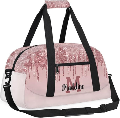 Personalized Kids Sports Duffel Bag with Name Custom Weekender Overnight Bag for Boys Girls Gym Bag Travel Dance Gymnastics Duffel Bag, Light Pink Glitter