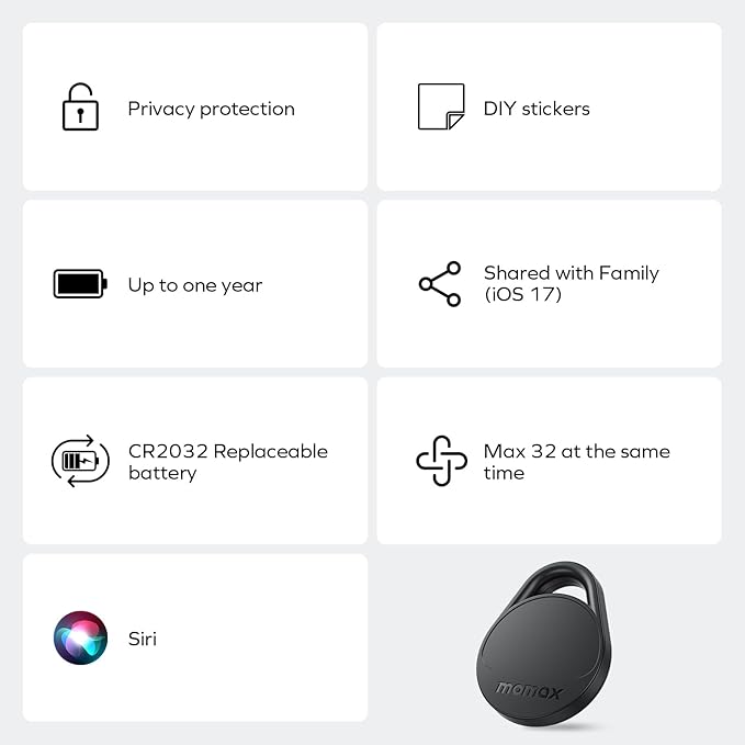 Momax Air Tracker Tags 4 Pack, [Apple MFi Certified], Replaceable Battery Bluetooth Tracker Compatible with Apple Find My (iOS Only), DIY Stickers, Item Finder Smart Tag for Keys, Wallet, Luggage