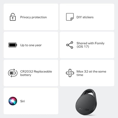 Momax Air Tracker Tags 4 Pack, [Apple MFi Certified], Replaceable Battery Bluetooth Tracker Compatible with Apple Find My (iOS Only), DIY Stickers, Item Finder Smart Tag for Keys, Wallet, Luggage