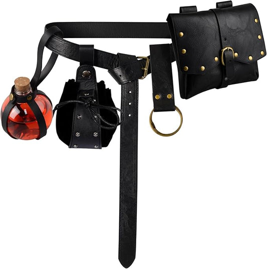 Renaissance Belt Pouch Viking Leather Medieval Belt Waist Bag Pirate Cosplay Festival Halloween Adjustable Accessories (Pouch-Black)