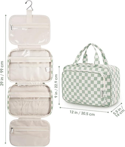 Narwey Travel Toiletry Bag for Women Large Hanging Makeup Bag Organizer Toiletries Bag for Full Size Essentials Accessories Cosmetics (Mint Green Checkerboard (Large))