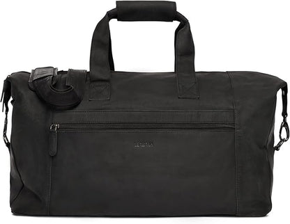Leabags Leather Weekender | Genuine Leather Premium Travel Bag | 41L Sports Duffle Gym Training Airplane Bag | Large | Natural Black | Women & Men