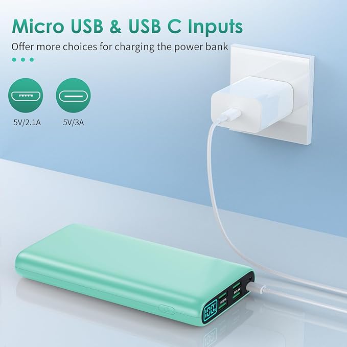 Portable Charger 38800mAh,LCD Display Power Bank,5 USB Outputs Battery Pack Backup, USB-C 3A in&out Travel Essential Portable Phone Charger For iPhone 17/16/15/14/13 Pro,Android Samsung Galaxy-Green