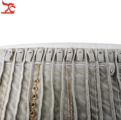 Portable Jewelry Roll Untangled Secure Necklace Travel Storage Bag Displays Holder 16 Chain (Black PU and gray velvet)