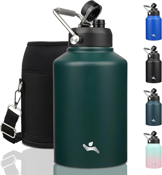 1 Gallon Jug with Handle,128 oz Insulated Water Bottle with Carrying Pouch, Double Wall Vacuum Stainless Steel Metal Bottle,Dark Green