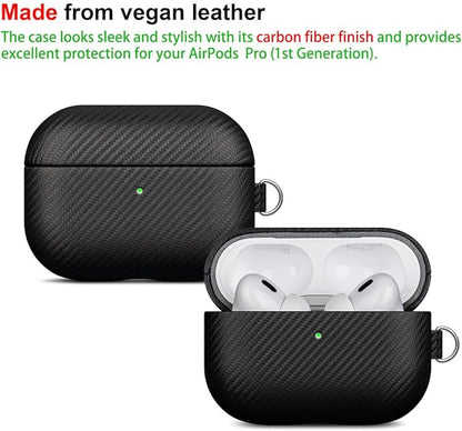 LOPIE Handmade for AirPods Pro 1st Generation Case Cover, Carbon Fiber Texture Vegan Leather Case with Keychain & Cleaner Kit, Protective Hard Shell Cover for AirPods Pro 1 - Black
