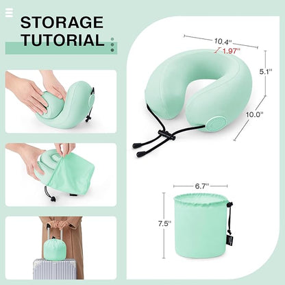 Travel Neck Pillows for Airplane Adults, Memory Foam Neck Support Travelling Pillow with Washable Cotton Pillowcases and Storage Bag, for Car, Train, Flight, Office and Home Use Adult Green