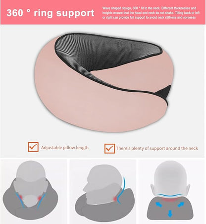 Cloud Sleep Travel Pillow｜360° Adjustable Neck Pillow for Airplane & Office｜NASA Memory Foam｜Free Eye Mask & Earplugs (Pink)