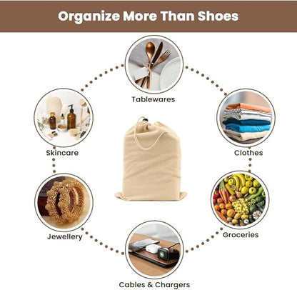 LFH Cotton Shoe Storage Bags with Drawstring, Dustproof Breathable Reusable Organizer, Perfect For Travel, Dorm, Hotel, College, Gym, Easy to Carry, Machine Washable 8"x17" (Pack of 4) - Natural