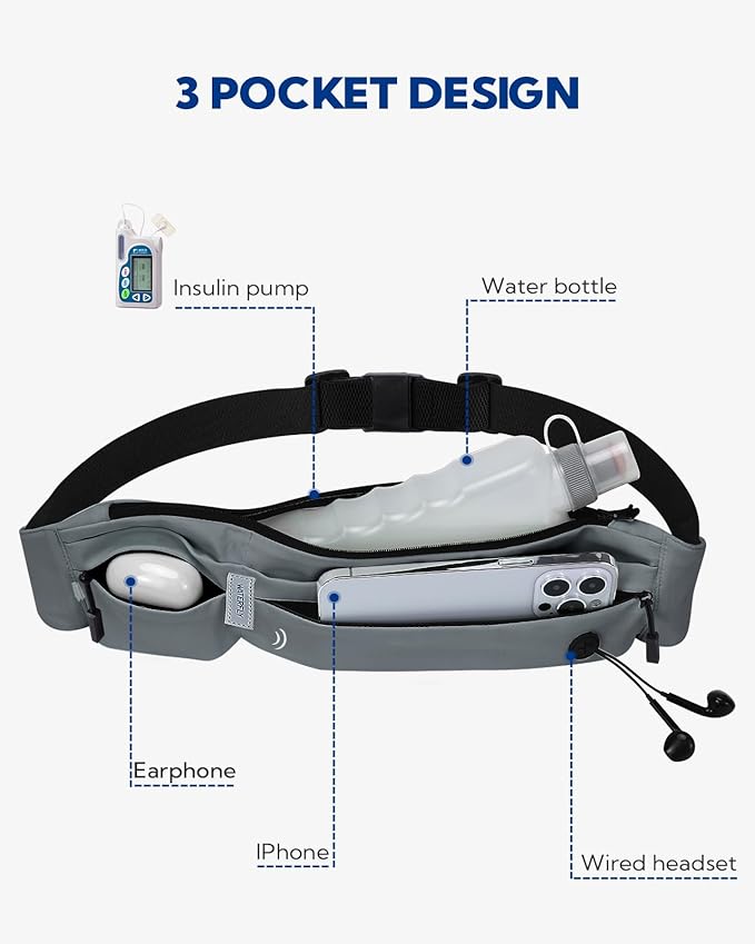 WATERFLY Running Belt Fanny Pack: Runner Marathon Jogging Waist Pack Sport Workout Exercise Fitness Phone Holder Belt for Men Women Jogger Slim Waistband Black