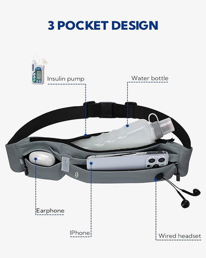 WATERFLY Running Belt Fanny Pack: Runner Marathon Jogging Waist Pack Sport Workout Exercise Fitness Phone Holder Belt for Men Women Jogger Slim Waistband Black