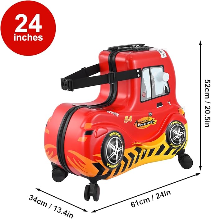 24 Inch Kid Ride Suitcase,Kid Luggage Seat Ride With Lock - Kids Travel Trolley With Safety Belt, Kids Luggage With Wheels Child Stroller Spinner Luggages, ABS+PC (Red Car, 5-12 Years)