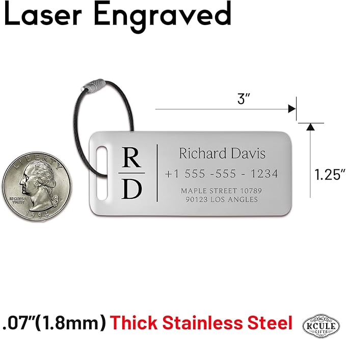 Personalized Luggage Tags for Suitcases 4 Pack - Stainless Steel Custom Luggage Tags for Backpacks & Bags, Sturdy, Waterproof & Heavy Duty (Silver / 3" x 1.25")