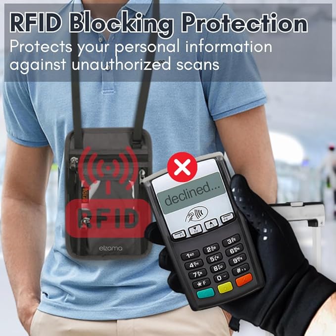 elzama Travel Wallet Passport Holder, RFID Neck Wallet for Traveling Men Women, Super Slim Lightweight Travel Pouch Document Holder Passport Wallet with Neck Strap, Light Grey