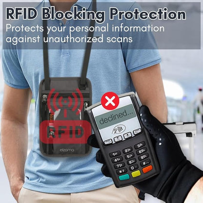 elzama Travel Wallet Passport Holder, RFID Neck Wallet for Traveling Men Women, Super Slim Lightweight Travel Pouch Document Holder Passport Wallet with Neck Strap, Light Grey