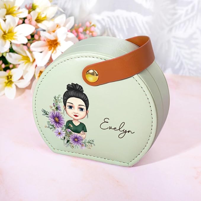 callie Personalized Travel Jewelry Case, Custom Cartoon Character Birth Flower Name on Leather Travel Jewelry Organizer, Birthday Gifts Bridesmaid Gifts for Women Girlfriend