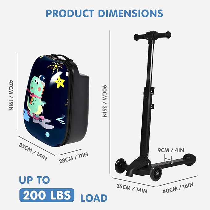 smilesun 4-in-1 Detachable Scooter Luggage for Kids & Teens, Hardside Ride-On Suitcase with Dinosaur Design, Lightweight Foldable, Perfect Travel Gift for Boys(Navy Blue 22-inch)