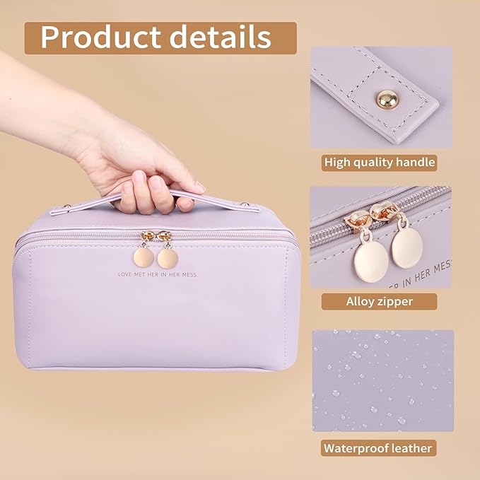 Travel Makeup Bag, Large Capacity Cosmetic Organizer Bags for Women, Waterproof PU Leather Toiletry Bags, Wide Open Flat Makeup Case with Divider and Handle
