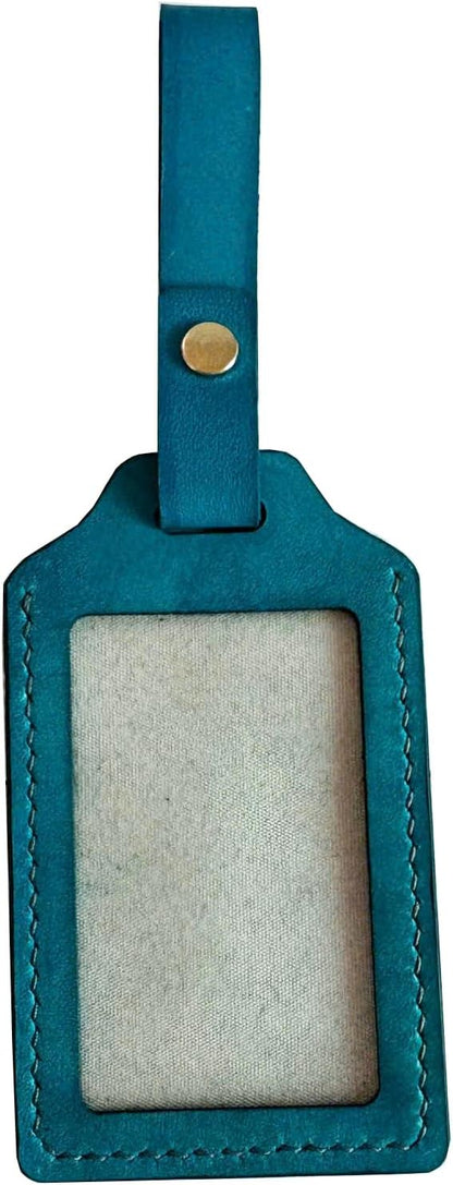 Mayan Corner - Handcrafted Leather Luggage Tag, Fox Design, Blue, ID Window, Brass Hardware, 4.3 x 2.7 inches