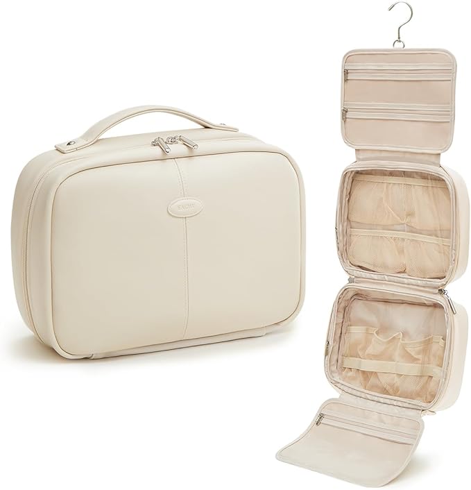 EACHY Toiletry Bag with Hanging Hook, Travel Makeup Bag PU Leather Cosmetic Bags for Women Make Up Organizer with 4 Compartments Waterproof Full-Size Portable Travel Essentials (White，Pro)