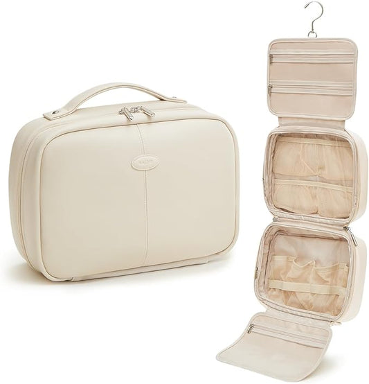 EACHY Toiletry Bag with Hanging Hook, Travel Makeup Bag PU Leather Cosmetic Bags for Women Make Up Organizer with 4 Compartments Waterproof Full-Size Portable Travel Essentials (White，Pro)
