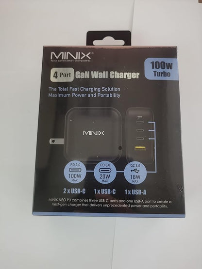 MINIX NEO P3 100W Turbo 4-Port GaN Wall Charger, 3 x USB C port Fast Charging Power Adapter(Max 100W/20W), 1 USB-A (Max 18W). Compatible with MacBook Pro Air, iPad Pro, iPhone 17/16 Pro Max,Galaxy S23