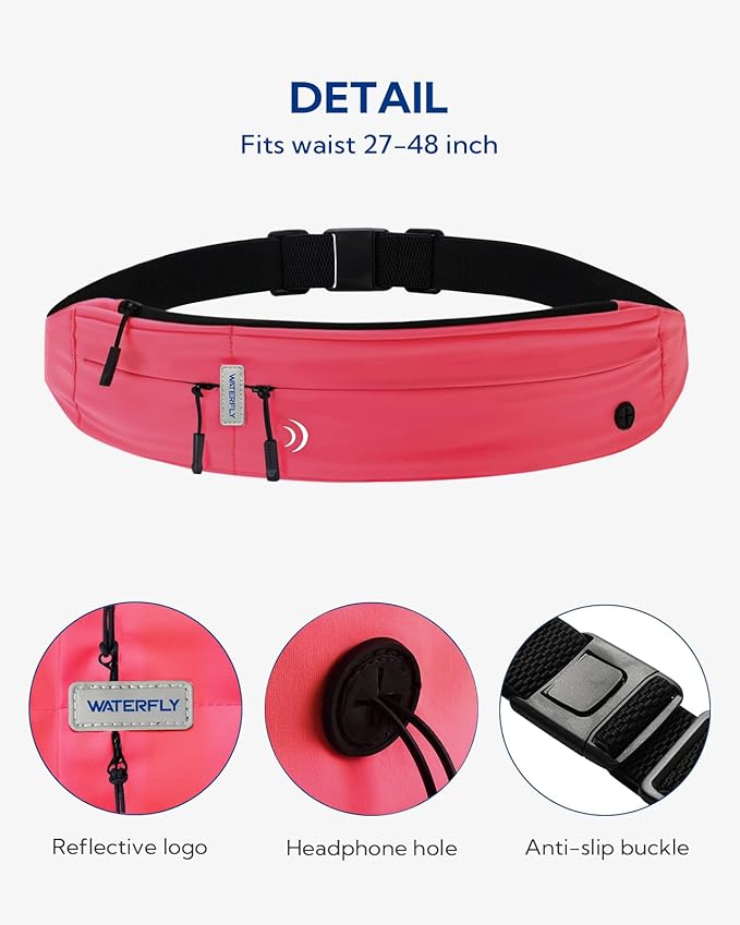 WATERFLY Running Belt Fanny Pack: Runner Marathon Jogging Waist Pack Sport Workout Exercise Fitness Phone Holder Belt for Men Women Jogger Slim Waistband Black