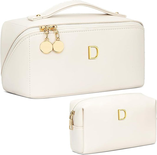 Birthday Gifts for Women Teen Girl, Personalized Initial Makeup Organizer Bag Set, Open Flat Travel Cosmetic Bag With Clear Divider and Handle(Beige,D)