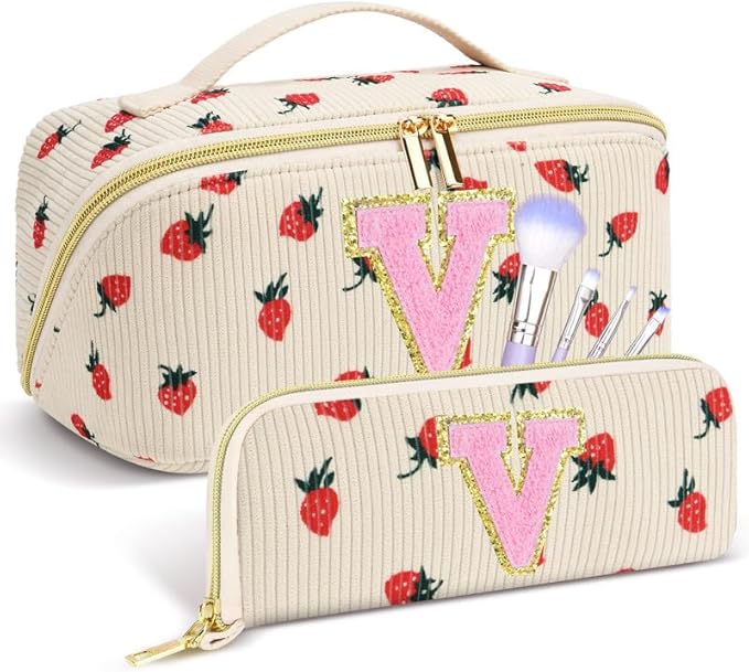Personalized Travel Makeup Bag Set,Initial Travel Strawberry Makeup Organizer Bag,Toiletry Skincare Cosmetic Bag,Christmas Gifts for Women/Girls,Open Flat Toiletry Pouch with Brush Pocket-V