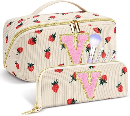 Personalized Travel Makeup Bag Set,Initial Travel Strawberry Makeup Organizer Bag,Toiletry Skincare Cosmetic Bag,Christmas Gifts for Women/Girls,Open Flat Toiletry Pouch with Brush Pocket-V