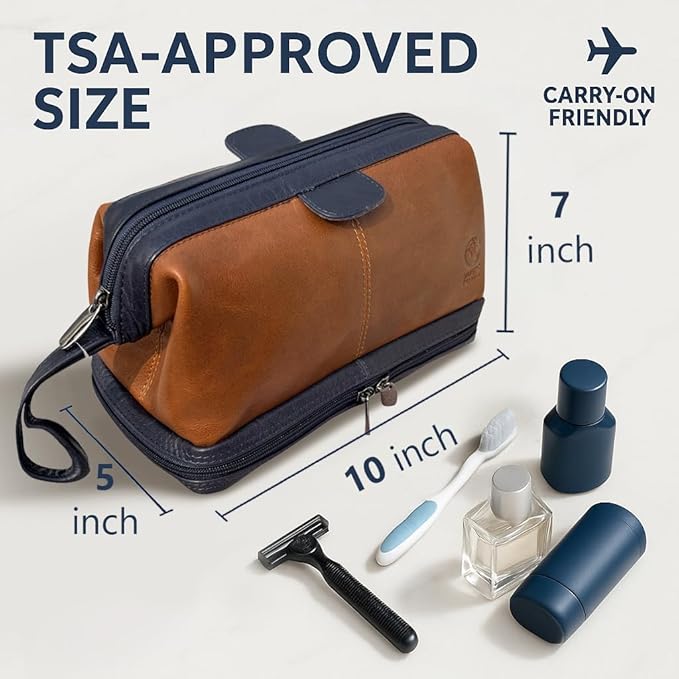 RUSTIC TOWN Leather Toiletry Bag for Men - Travel Gift Shaving Ditty Kit - Bathroom Shower Toiletries Organizer - Cosmetic Makeup Bag for Women