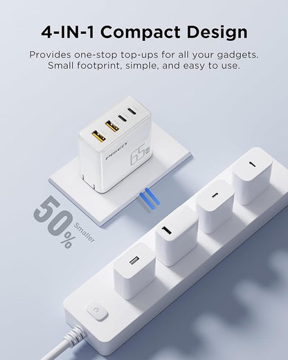 PISEN 65W USB C Fast Charger - 4FT USB-C Cable, 4-Port Compact Foldable GaN Charger, PPS for MacBook Pro/Air, iPad Pro, Galaxy S23, iPhone Series