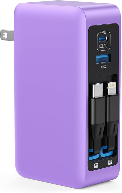 120W USB C Charger Block with 2 Built-in Retractable Cables,4-in-1 GaN IV Foldable Plug Wall Charger Fast Charging Station,PD 65W Laptop Adapter for MacBook/iPad,iPhone 17/16/15,Galaxy,Android-Purple