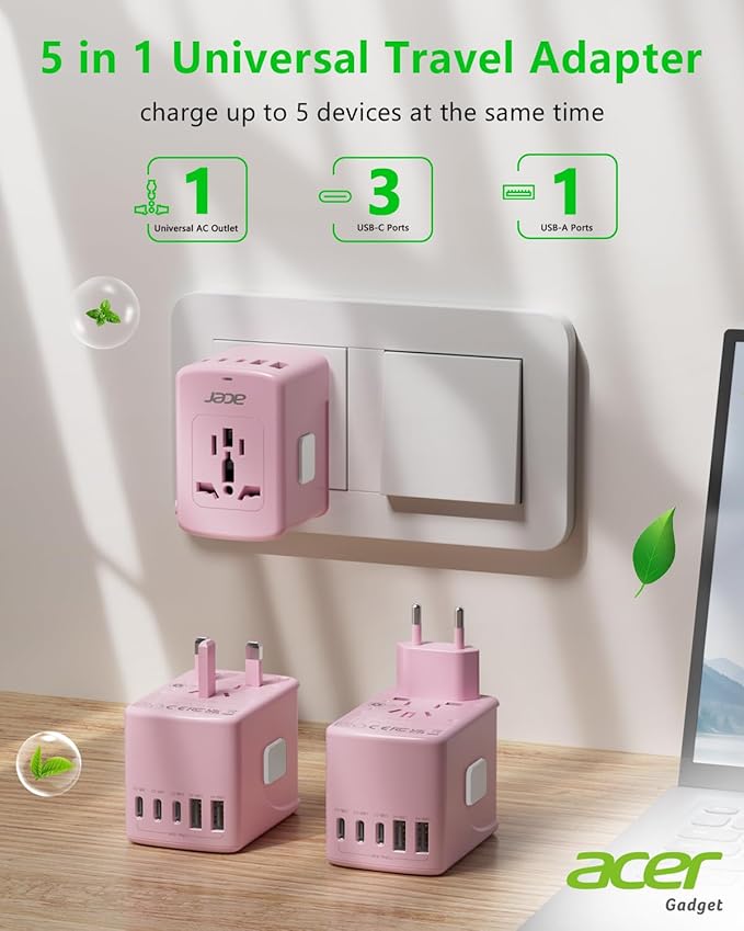 Acer Universal Travel Plug Adapter - International Power Adapter with 5 USB Ports (3 USB C) 5.8A, Worldwide Outlet Charger for USA to European UK France Germany Spain, Type C/E/F/G/I/L/A,Pink