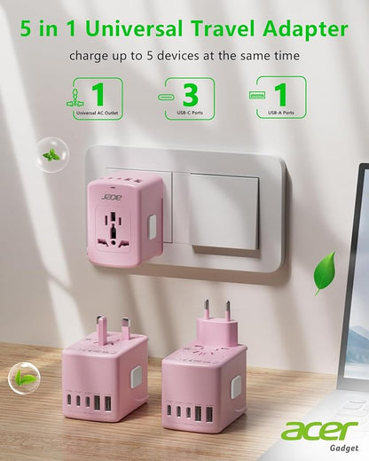 Acer Universal Travel Plug Adapter - International Power Adapter with 5 USB Ports (3 USB C) 5.8A, Worldwide Outlet Charger for USA to European UK France Germany Spain, Type C/E/F/G/I/L/A,Pink