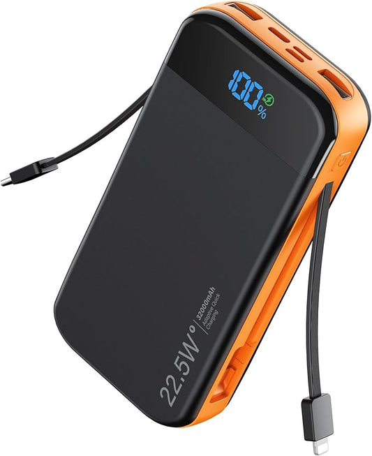 Portable Charger Power Bank Built-in Cables, 32000mAh 22.5W USB C Fast Charging, 5 Outputs 3 Inputs Travel Essentials Battery Pack Compatible with iPhone, iPad, Samsung, Google Pixel, Orange
