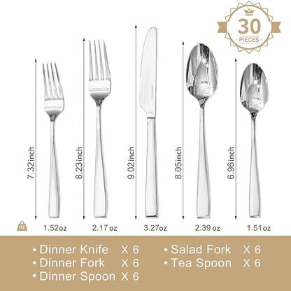 KINGSTONE Mirror Polish Silverware Set for 6, 30-Piece 18/10 Stainless Steel Flatware Set, Dishwasher Safe Cutlery Set for Wedding, Home, Restaurant, Knives Spoons and Forks Set