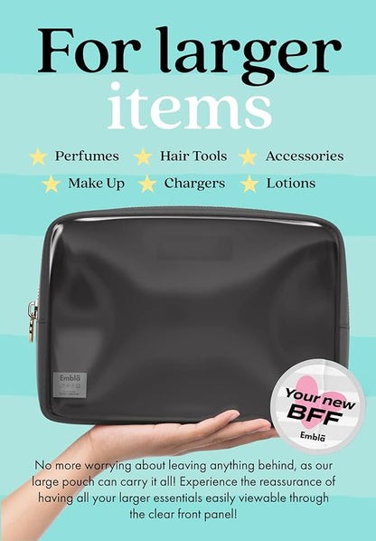 Embla Clear Cosmetic Bag Makeup Case, Clear Zipper Make Up Pouch and Toiletry Travel Tote, Cute Skincare Pouches for Women Girls, Preppy Purse Cosmetic Organizer, Large Makeup Bags, Black