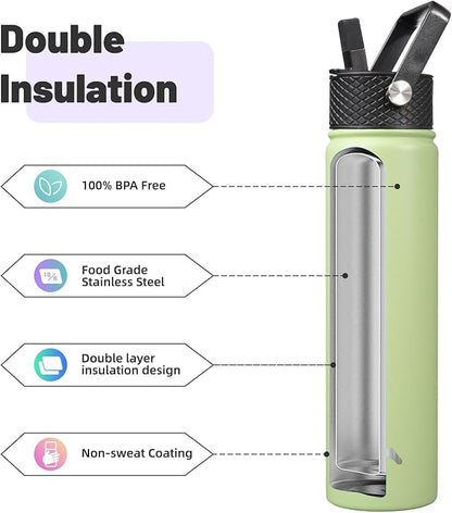 Insulated Water Bottle 24oz Stainless Steel Sport Bottles with 3 Lids,Macaron Green