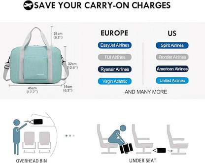 For Spirit Airlines Personal Item Bag 17.7x12.6x6.3 Foldable Travel Duffel Bag Underseat Carry-on Luggage for Women and men 25L(Mint Green)