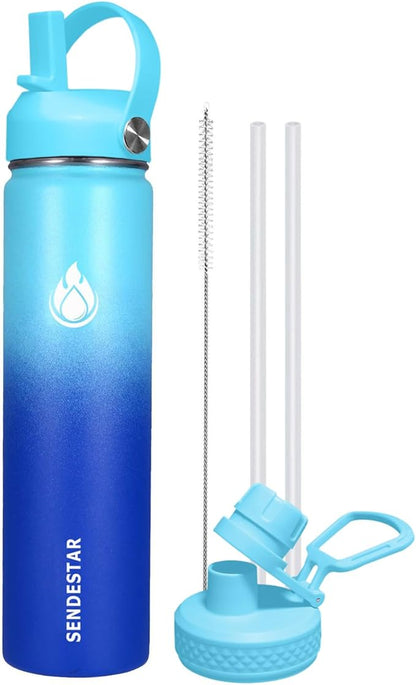 SENDESTAR Stainless Steel Wide Mouth Water Bottle 24oz Double Wall Vacuum Insulated Leak Proof Bottle with New Flex Straw Lid & Spout Lid XIN-MC-0750-1