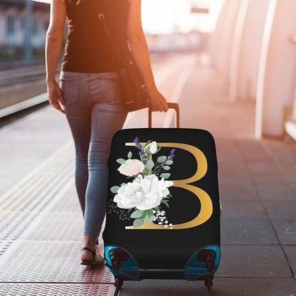 Flower Letter B Black Luggage Cover Elastic Washable Stretch Suitcase Protector Anti-Scratch Travel Suitcase Cover for Kid and Adult M (22-24 inch suitcase)