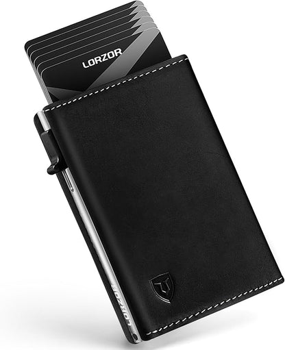 LORZOR Wallet for Men with Metal Card Holder, Pop Up Wallet, Finest Full Grain Leather Trifold Wallet, Smart, Minimalist, RFID Blocking, Front Pocket, ID Window, Black/Silver