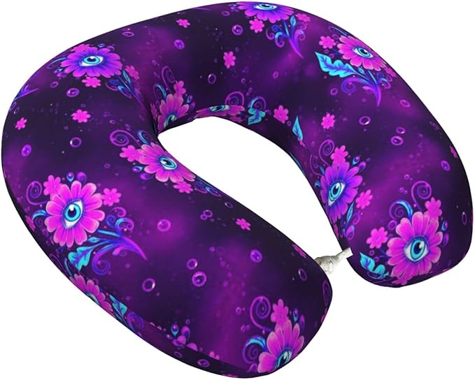 Travel Neck Pillows for Sleeping Rest Car Airplanes Trippy Eyes Flower, Memory Foam with Removable Breathable Zipper Cover Washable for Men Women