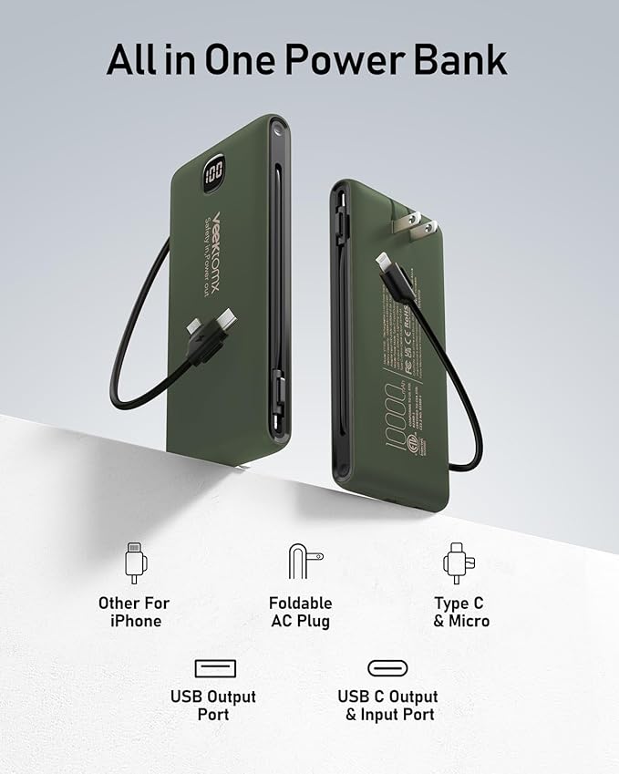 VEEKTOMX Portable Charger with Built in Cables 10000mAh, Power Bank for iPhone with Wall Plug, Travel Essential Fast Charging USB C Slim External Battery Pack for iPhone 17/16/15, Samsung, iPad, etc
