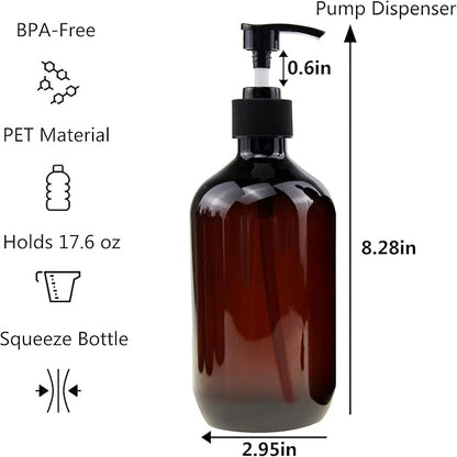 Empty Plastic Bottles with Pump Dispenser and Labels Included, Refillable Travel Containers for Hand sanitizer Shampoo Lotion, etc - No BPA/Parabenf, 500ml/16.9oz (Amber, 4 Pack)