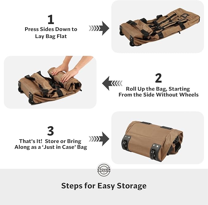 STOVER 80L Rolling Duffel Bag with Wheels, Large Durable Travel Duffle + Toiletry Bag, Heavy Duty, Packable, Foldable with Shoulder Straps- Use as Luggage or Backpack, Men/Women (Tan)